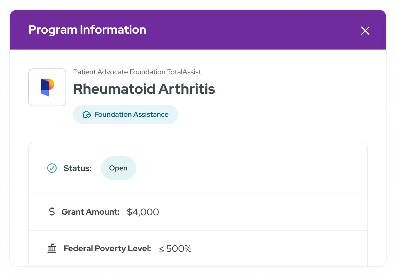 Program information card with apply button from assistance program results