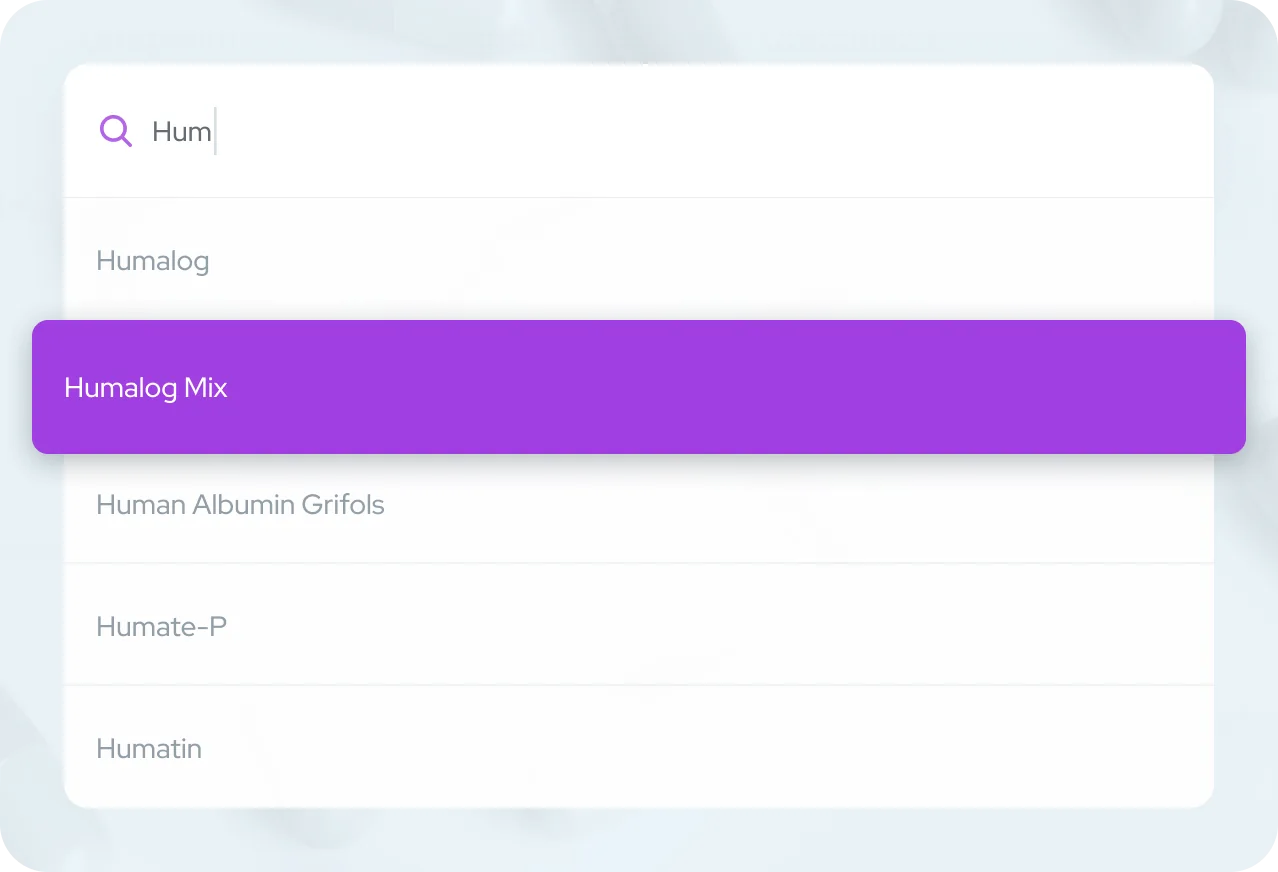 Medication search dropdown with available search results